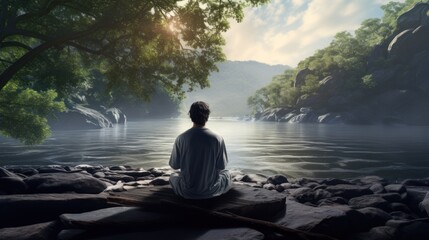 Fototapeta premium Back view serene individual meditating practicing mindfulness by the lake, peaceful sitting in lotus position landscape nature background