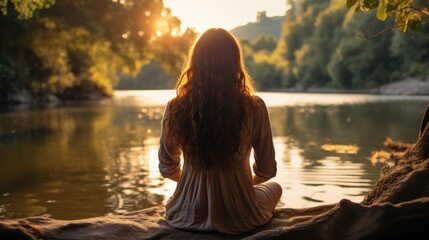 Back view serene individual meditating practicing mindfulness by the lake, peaceful sitting in lotus position landscape nature background - obrazy, fototapety, plakaty