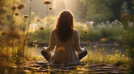 Obraz premium Back view serene individual meditating practicing mindfulness by the lake, peaceful sitting in lotus position landscape nature background
