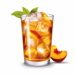 A glass of iced peach tea with peach slices and ice 
