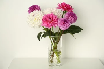  Bouquet of beautiful Dahlia flowers in vase on table near white wall © New Africa