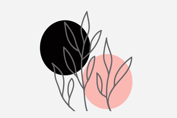 Boho-style leaves with black and pink circles on a white background