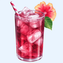 A glass of iced hibiscus tea with hibiscus flowers 
