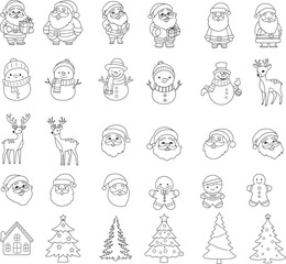 Cute Santa claus christmas element cartoon bundle outline,hand drawn, for christmas ,kids,baby animal characters, card.vector illustration