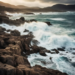 Fototapeta premium Stormy sea with waves crashing against a rugged 