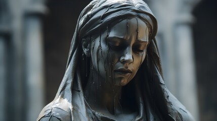 Close-up shot, crying Maria statue. Generative AI