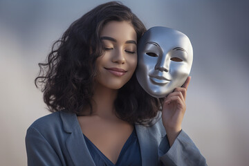 Woman holding mask for fake personality illustration - obrazy, fototapety, plakaty