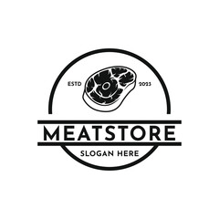 Vintage meat store logo design with hipster drawing style