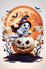 cute ghost Riding a pumpkin style wind, halloween, red fullmoon, white background.