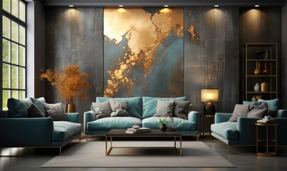 Luxury light interior of living room with gold wall and chic expensive furniture in white and gold colors