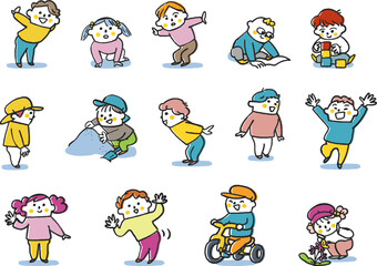 遊んだりお話したり楽しそうな小さい子供たち　セット　イラスト素材	
