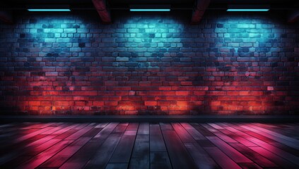 Neon light on brick walls that are not plastered background and texture. Red and blue neon