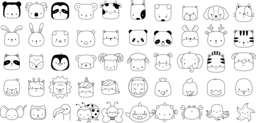 Foto op Plexiglas Face animal cartoon set animal cartoon Woodland Animals Coloring Forest , animal cartoon,Head Animal, Big collection of decorative for kids,baby characters,card,hand drawn, cartoon style.vector  © artdee2554