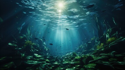 Fototapeta na wymiar The rays of the sun under water and the seabed