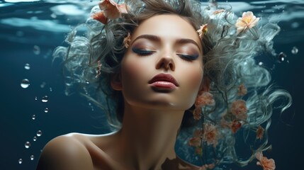 Young woman Girl in abstract smoke and water drops Fashion spa salon advertising. Abstract fashion concept