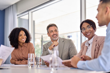 Happy busy international professional executive business team diverse colleagues employees work group talking consulting planning strategy, having conversation at conference office corporate meeting.