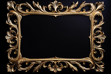 Golden frame art decoration vintage on black background with copy space