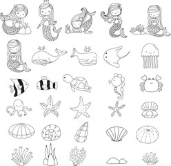 Mermaid Big set outline hand drawn style, cute animal aquatic animals  ocean sea  printing,card, t shirt,banner,product.vector illustration