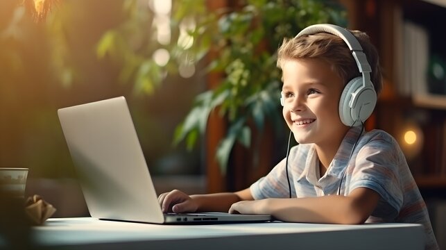 School child studying homework during online lesson at home by laptop with headphones, online education. Generative AI