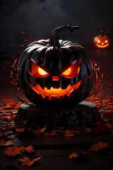 a black red shadow of a Halloween pumpkin trying to sneeze in anime style with red eyes with flames behind