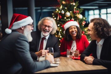 A team of diverse professionals joyfully planning a corporate holiday party with Christmas decorations, festive food, and laughter filling the room