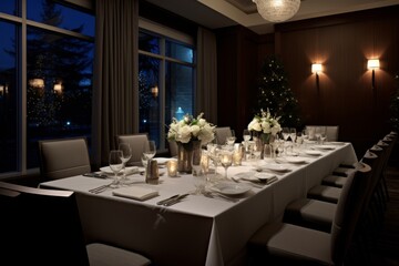 Elegant Meeting Room Decorated with Festive Christmas Centerpieces, Sparkling Lights, and Holiday Ornaments for a Corporate Celebration