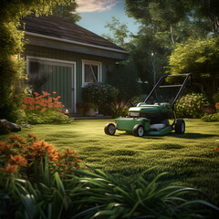 Image of a lawn mower operating in a family's garden, sky, house, lawn mower, daytime, blue, trees, sunlight, flowers, garden, AI generate.