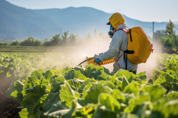 A farmer is spraying pesticides on a field with vegetable plants - obrazy, fototapety, plakaty