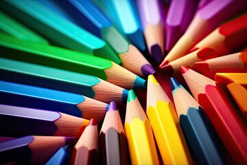 Naklejka premium Colored pencils creatively arranged, captured in a close-up shot to highlight their intricate, vibrant hues and the artistic possibilities they hold.