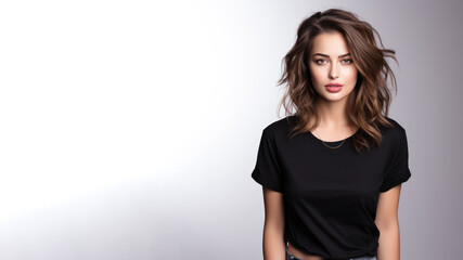 Brunette woman wearing black t-shirt isolated on gray background