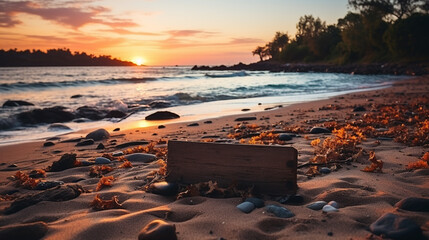 Empty frame on a sunset beach background mockup