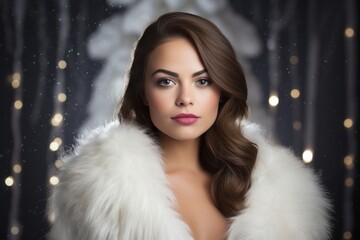 Elegant Brunette Woman Dressed in a Luxurious Fur Stole, Captured in a Christmas Studio Setting with Soft Snowfall in the Background