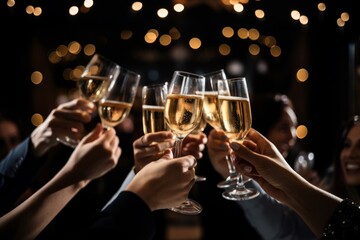 A jubilant group of friends raising their champagne glasses high in the air for a midnight toast, welcoming the New Year with joy and laughter