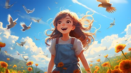 Joy Unleashed: Animated Girl Laughing Amidst a Flock of Soaring Birds