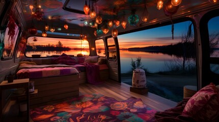 Lakeside Solitude: A Tranquil RV Sunset Scene - Serene Waterfront and Colorful Sky at Dusk