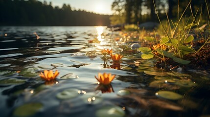 Luminous Lakeside Dawn: Sunlight Glistens on Water Ripples Amongst Lake Flora