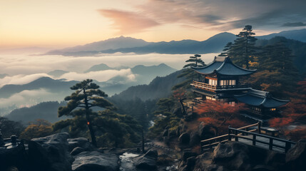 Landscape mountain with japan temple in the morning 