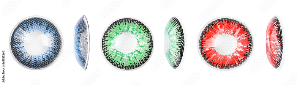 Poster many contact lenses in different colors isolated on white, top and side views