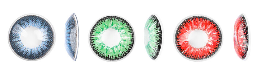 Many contact lenses in different colors isolated on white, top and side views