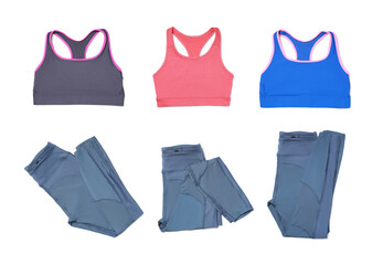 Comfortable sportswear. Set with different sports bras and leggings on white background, top view