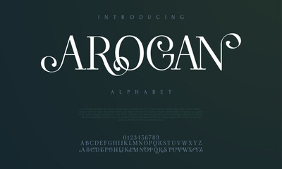 Arogan premium luxury elegant alphabet letters and numbers. Elegant wedding typography classic serif font decorative vintage retro. Creative vector illustration