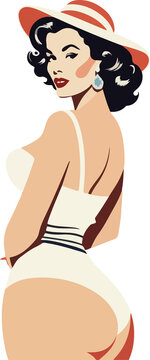 pinup woman in bikini with hat illustration, vector design , minimalistic , 