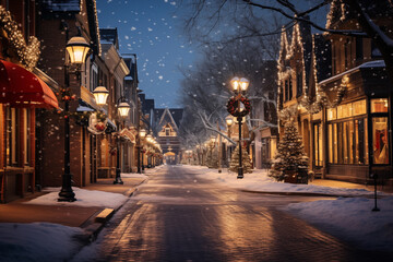 snowy evening street decorated with christmas decorations. winter holidays in the town