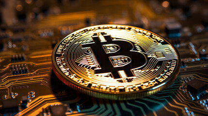Shiny golden Bitcoin on top of computer chips as it was a CPU, symbol of the digital nature & the power of blockchain technology