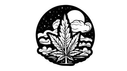 Cannabis Leaf with cloudy background black/white vector illustration