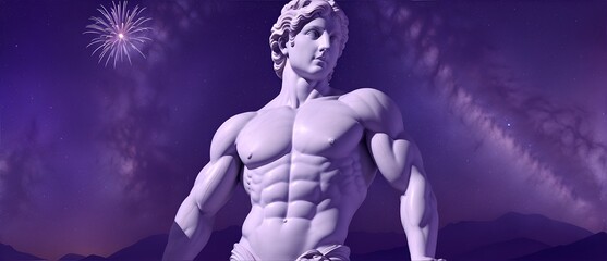 Upper body portrait marble statue of a greek god apollo on a night sky with purple fireworks background  from Generative AI - obrazy, fototapety, plakaty