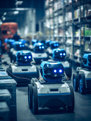 Autonomous robots in a factory warehouse, the future of industry, tech