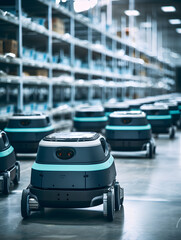 Fototapeta premium Autonomous robots in a factory warehouse, the future of industry, tech