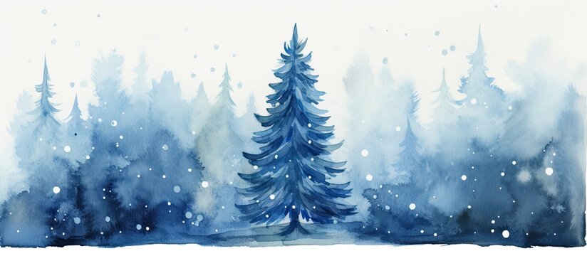 Blue indigo hand painted abstract Christmas tree on white background for cards and prints