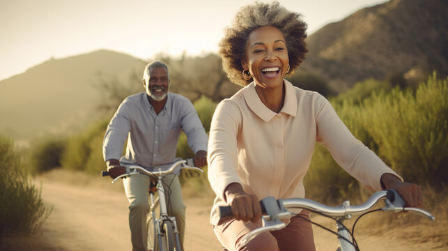 couple african american elderly a ride bike.smile couple exercise travel rest.